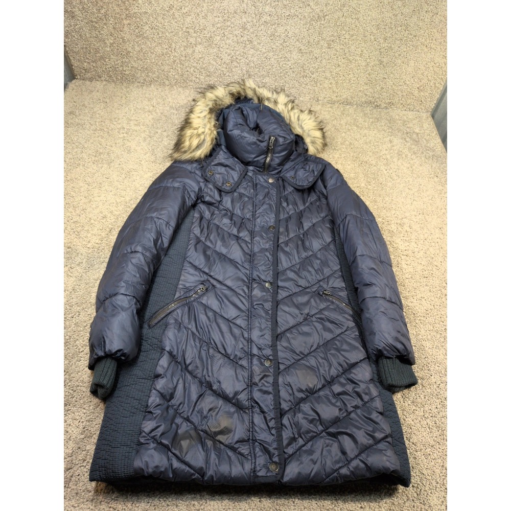 Abercrombie & Fitch Navy Blue Quilted Puffer Parka Faux Fur Hood Womens Small